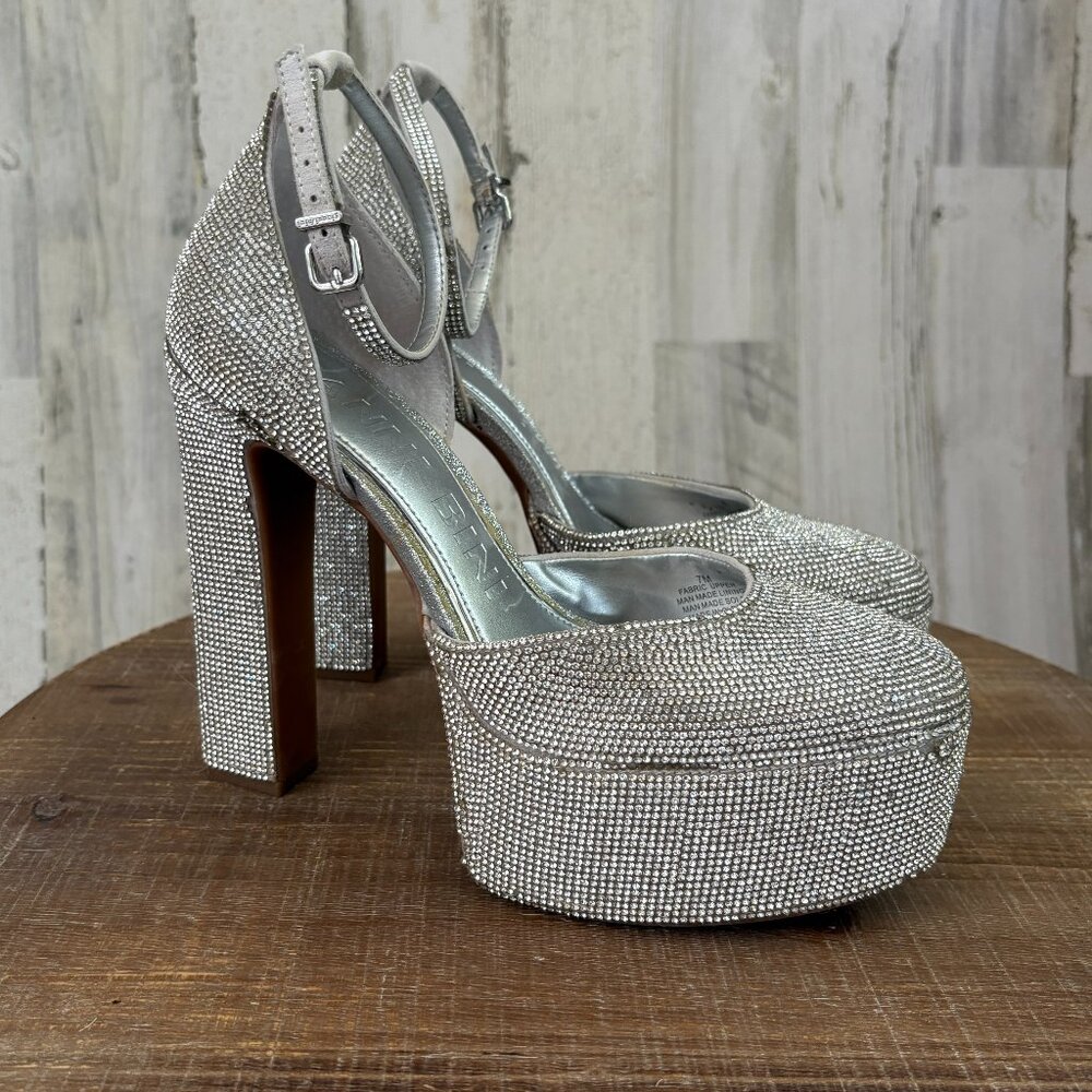 Gianni Bini Womens Size 7 Silver Rhinestone Encrusted Platform Heels Ankle Strap